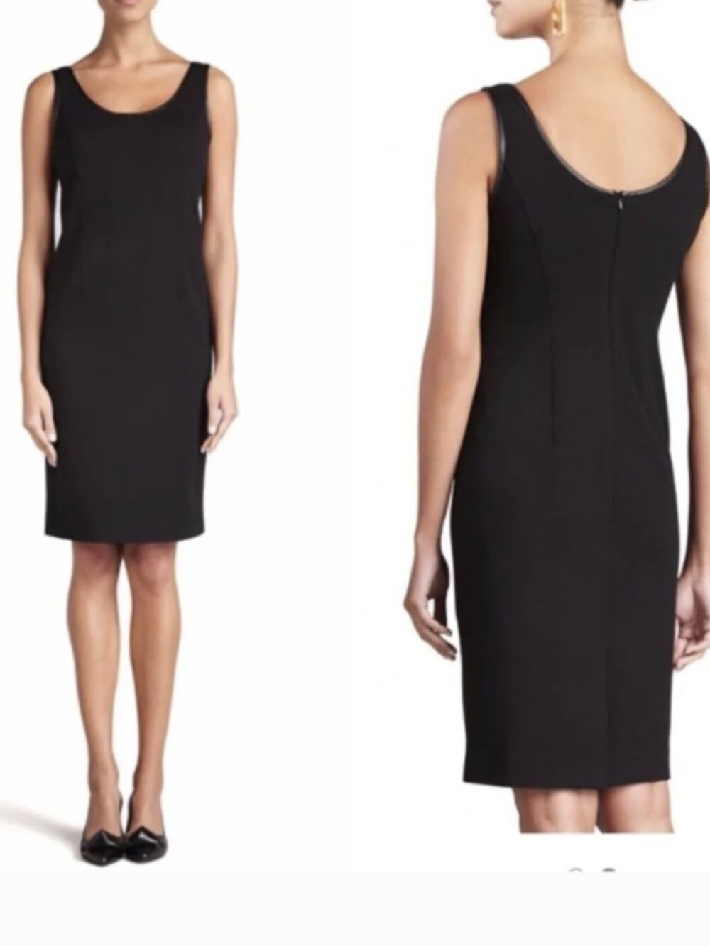EILEEN FISHER Medium NWOT Black Ponte LeatherTrim Sheath Dress Silk Lined LBD